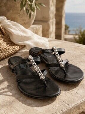 Brighton Aruba Black Leather Crystal Thong Sandals Boho Women’s